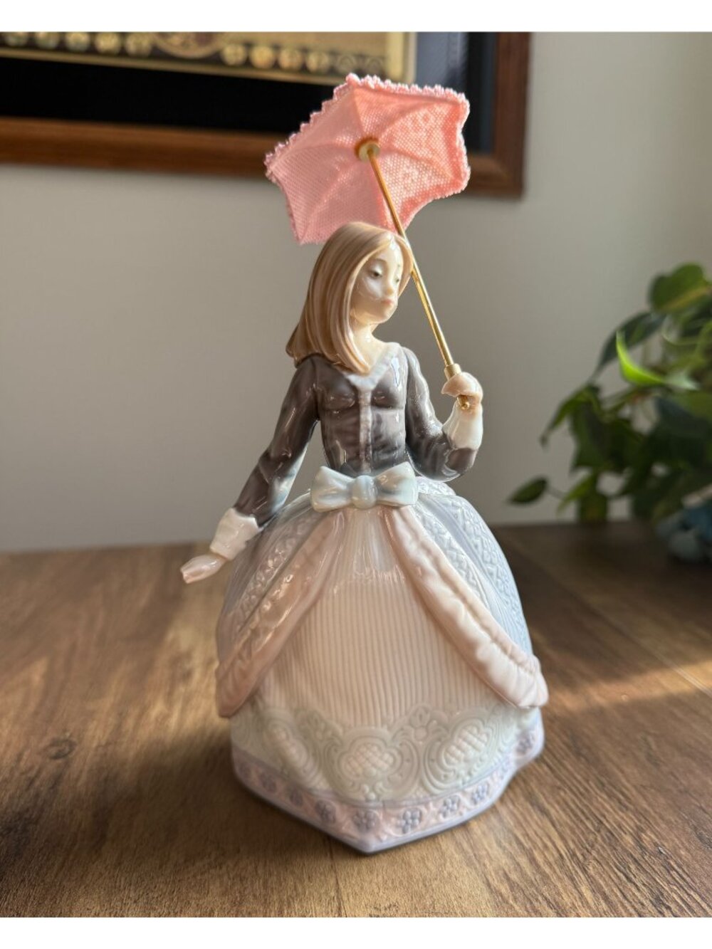 Vintage 1980s Lladro "Angela" Porcelain Lady Figurine With Pink Parasol